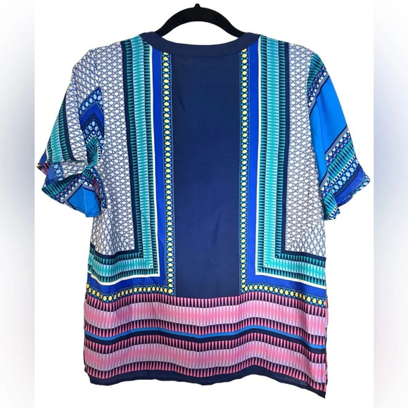 NWT Scarf Print Short-Sleeve Blouse by Fun 2 Fun navy pink teal satin Stitchfix - Picture 5 of 14